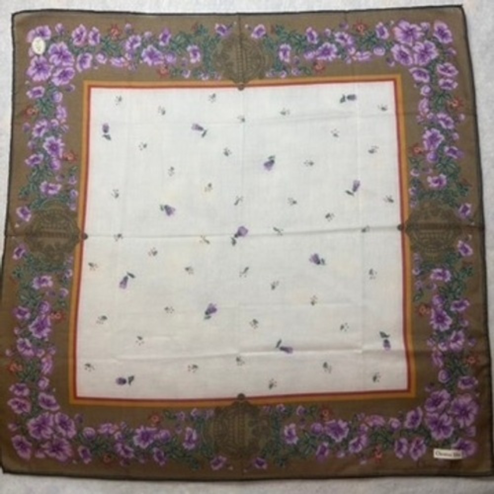 VTG CHRISTIAN DIOR Scarf Handkerchief Floral Cotton White Olive Brown 19"